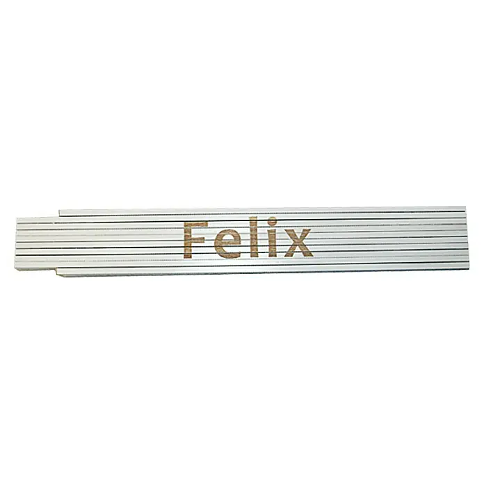Zollstock - Aufdruck: Felix, 2 m - Ein Zollstock mit dem Namen "Felix" ist abgebildet. Das Werkzeug ist zusammengeklappt und liegt waagerecht vor einem weißen Hintergrund.