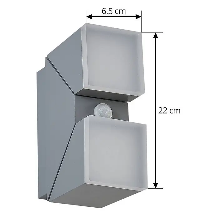 Lindby Außenwandleuchte Sally - alu / grau / zink, alu / grau / zink, IP54 - Graue Außenwandleuchte mit zwei mattierten Diffusoren und Bewegungssensor. Maße: 6,5 cm breit, 22 cm hoch.