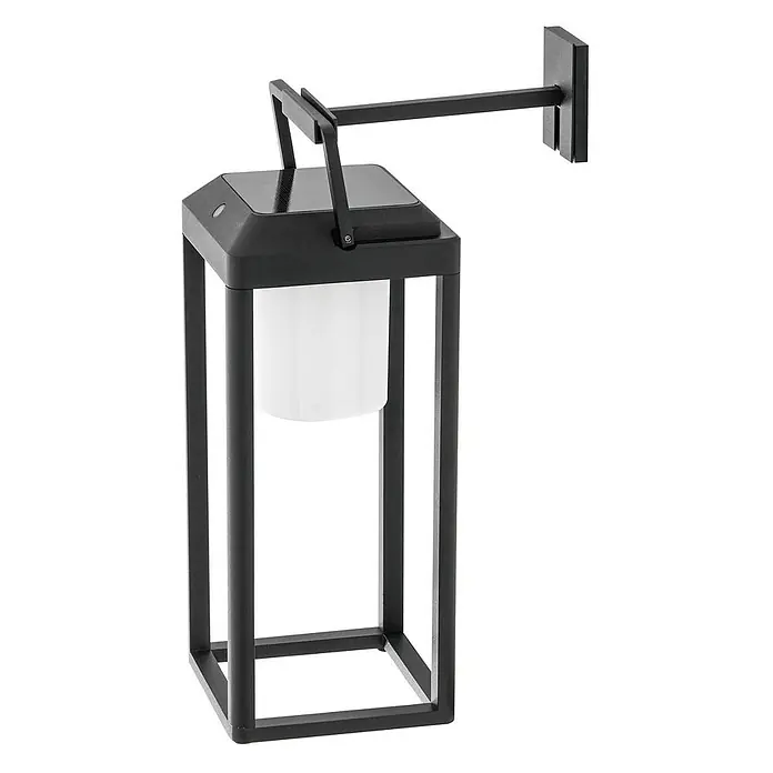 Lucande Außenwandleuchte Tilena - schwarz, IP54 - Schwarze solarbetriebene Außenlaterne mit weißem Diffusor, quadratischem Metallrahmen und Wandhalterung.