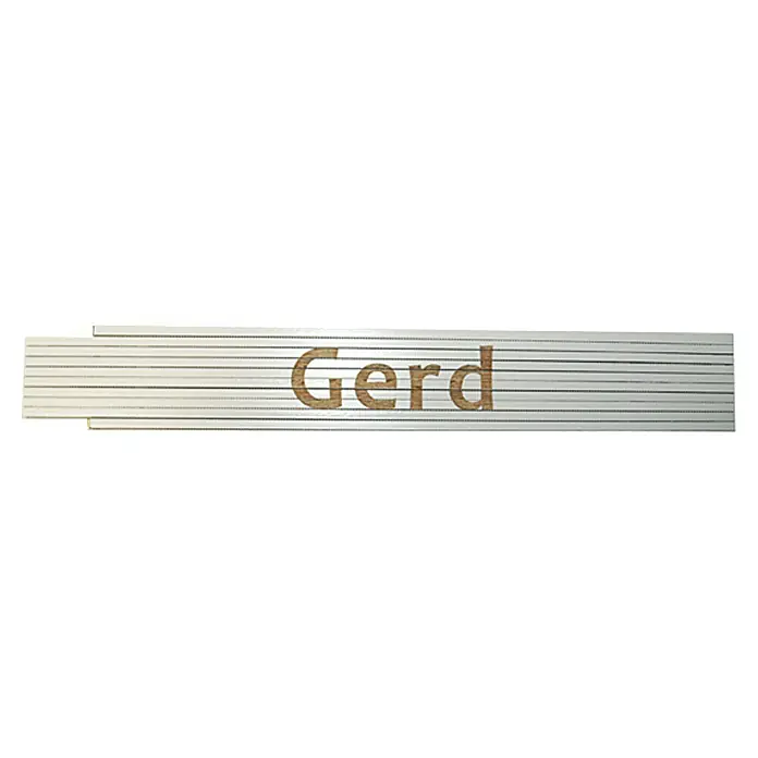 Zollstock - Aufdruck: Gerd, 2 m - Das Bild zeigt einen Zollstock mit dem Schriftzug "Gerd" darauf. Der Zollstock ist hell und besteht aus mehreren Gliedern.