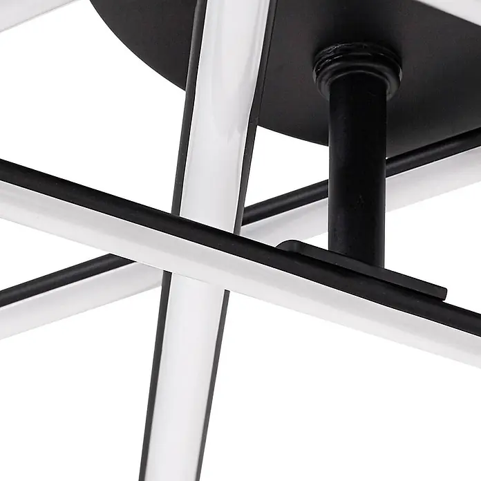 Lindby Deckenleuchte Elviano - schwarz, schwarz - Nahaufnahme einer modernen LED-Deckenleuchte mit schwarzem Metallrahmen und weißen linearen Leuchtelementen.