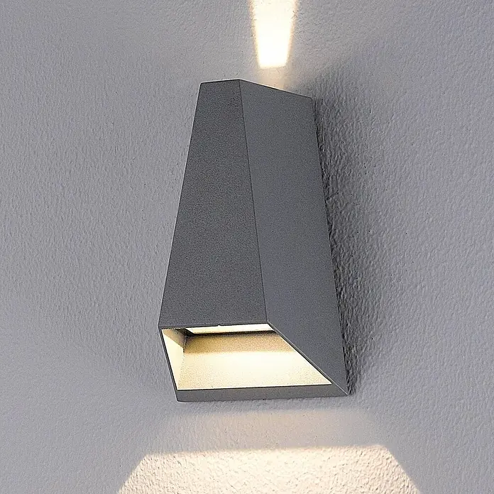 Lucande LED Wandleuchte aussen in anthrazit, Aussenlampe Wand -  - Graue geometrische Wandleuchte mit Up- und Downlight.