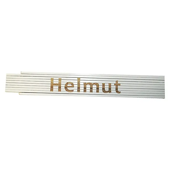 Zollstock - Aufdruck: Helmut, 2 m - Das Bild zeigt einen Zollstock mit dem Namen „Helmut“ darauf, ein nützliches und persönliches Werkzeug für Handwerker.