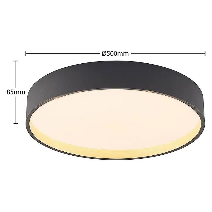 Lindby LED Deckenlampe in anthrazit, Deckenleuchte rund -  - Runde anthrazitfarbene LED-Deckenleuchte, Ø500mm, 85mm hoch, mit weißem Diffusor und goldenem Innenrand.