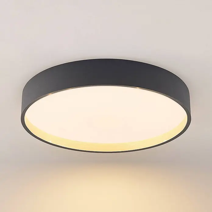 Lindby LED Deckenlampe in anthrazit, Deckenleuchte rund -  - Dunkelgraue runde Deckenleuchte mit weißem Diffusor und warmem Holzdekorrand, spendet sanftes Licht.