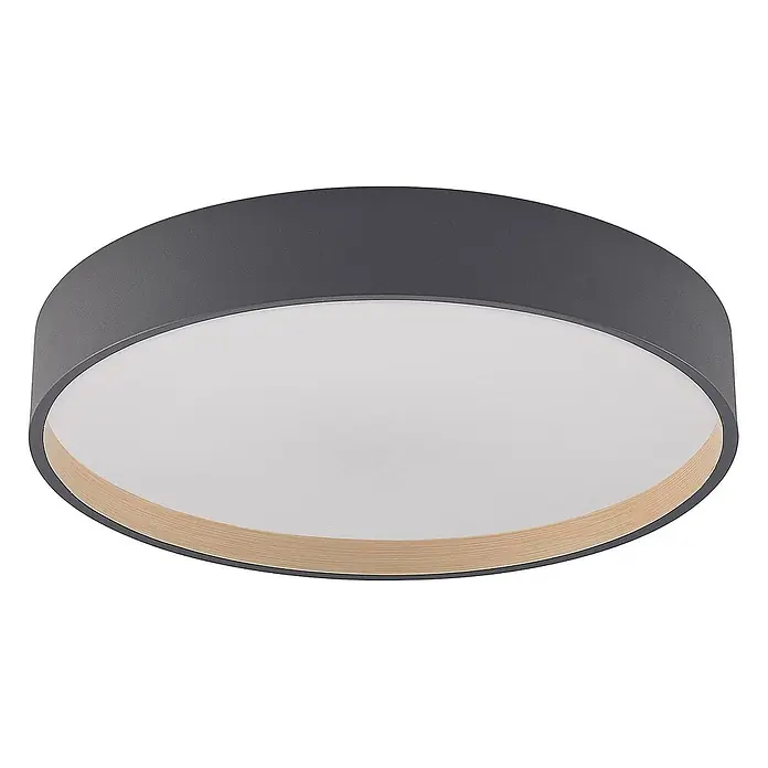 Lindby LED Deckenlampe in anthrazit, Deckenleuchte rund -  - Runde dunkelgraue Deckenleuchte mit weißem Diffusor und sichtbarem hellem Holzring.
