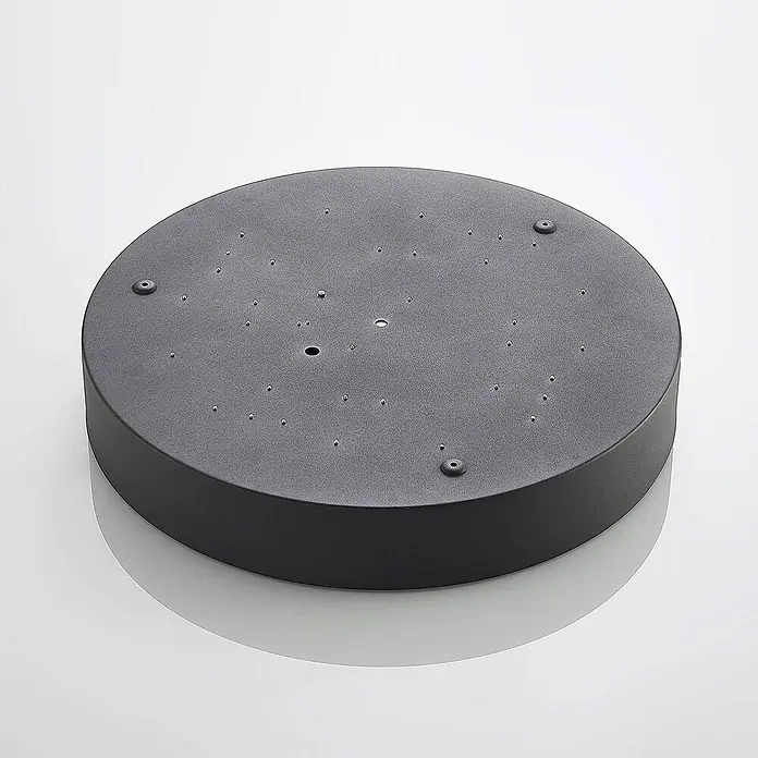 Lindby LED Deckenlampe in anthrazit, Deckenleuchte rund -  - Matter dunkelgrauer runder Sockel mit kleinen glänzenden Punkten und mittigen Löchern.