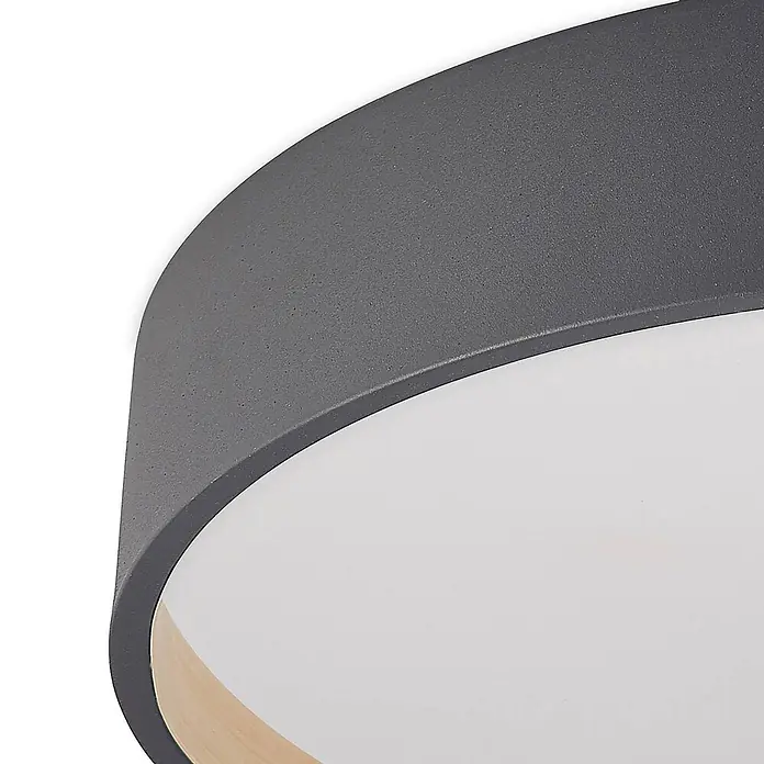 Lindby LED Deckenlampe in anthrazit, Deckenleuchte rund -  - Runde Deckenleuchte mit dunkelgrauem, strukturiertem Außenrahmen, weißem Diffusor und dezentem Holz-Innenring.
