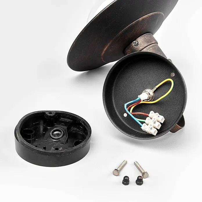 Lindby Edelstahl LED Wandlampe aussen Antik Look, LED Wandleuchte außen -  - Demontierte Außenwandleuchte in Antikbronze, mit Innenverkabelung, Montageplatte und Schrauben.