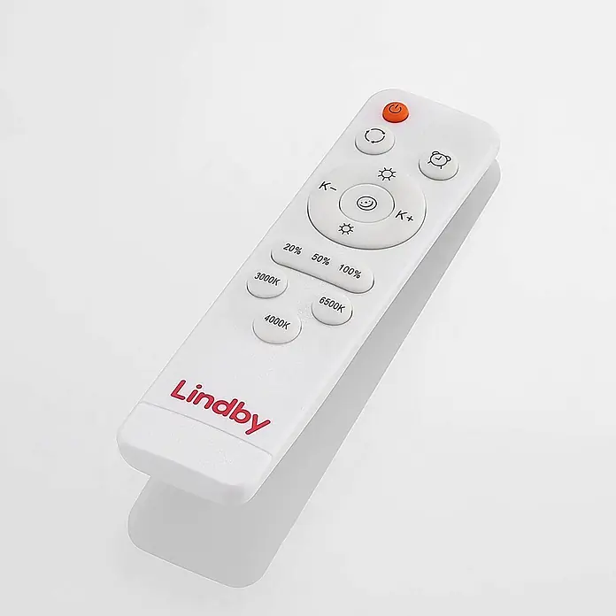 Lindby LED Deckenlampe in anthrazit, Deckenleuchte rund -  - Weiße Fernbedienung mit Tasten für Leistung, Helligkeit, Farbtemperatur (3000K-6500K) und Voreinstellungen für Lindby-Leuchten.