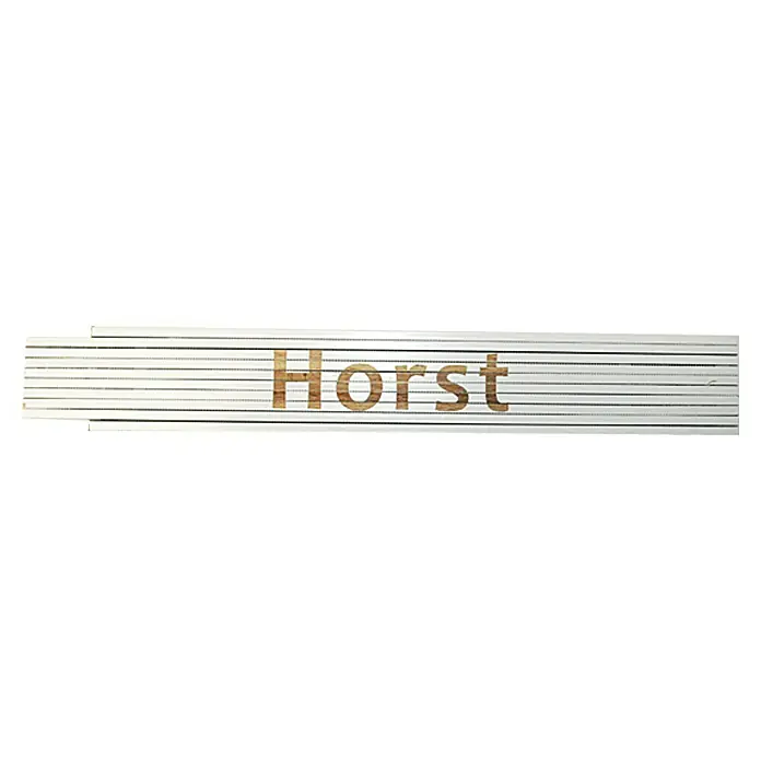 Zollstock - Aufdruck: Horst, 2 m - Ein Zollstock mit dem Namen "Horst" darauf. Er ist aus Holz und hat eine helle Farbe mit brauner Schrift.