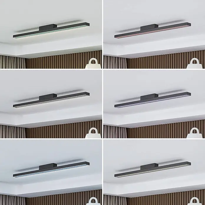 Lucande Deckenleuchte Leicy - schwarz - Schwarze lineare LED-Deckenleuchte in Innenraum, die verschiedene Lichtfarben zeigt.