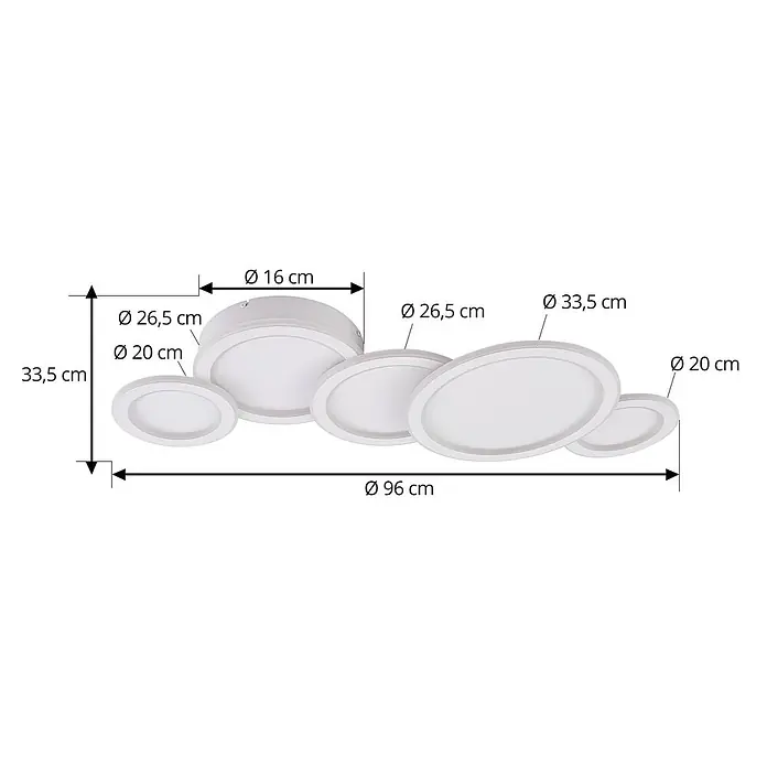Lucande Deckenlampe in weiß, Deckenleuchte -  - Weiße Deckenleuchte mit fünf runden LED-Elementen (Ø20-33,5cm), Gesamtlänge 96cm, Höhe 33,5cm.