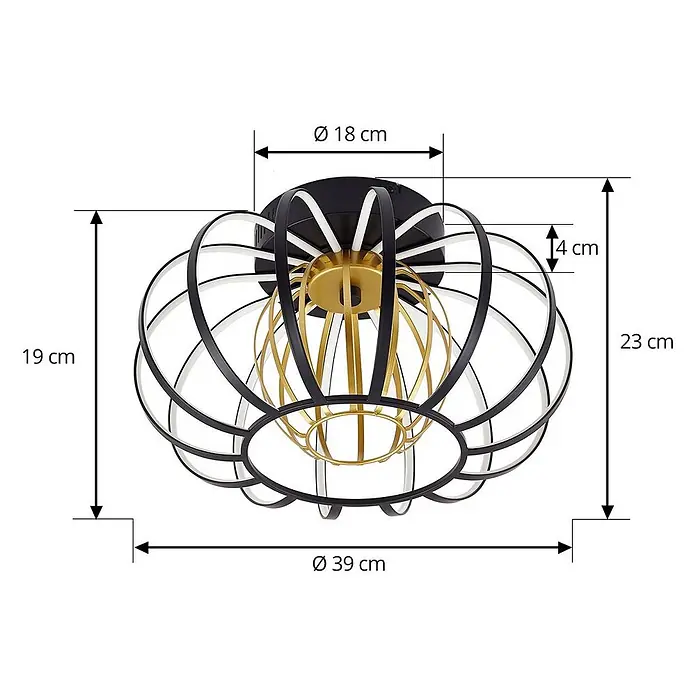 Lucande LED Deckenlampe in schwarz, gold, dimmbar Deckenleuchte rund -  - Schwarze und goldene offene Deckenleuchte, Ø 39 cm, Höhe 23 cm.