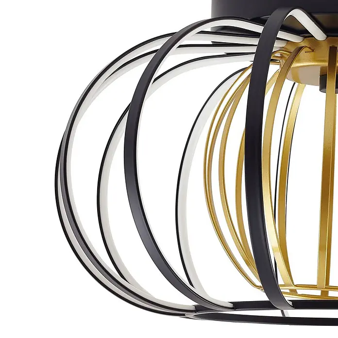 Lucande LED Deckenlampe in schwarz, gold, dimmbar Deckenleuchte rund -  - Nahaufnahme einer modernen Deckenleuchte mit konzentrischen Ringen in Schwarz, Weiß und Gold.