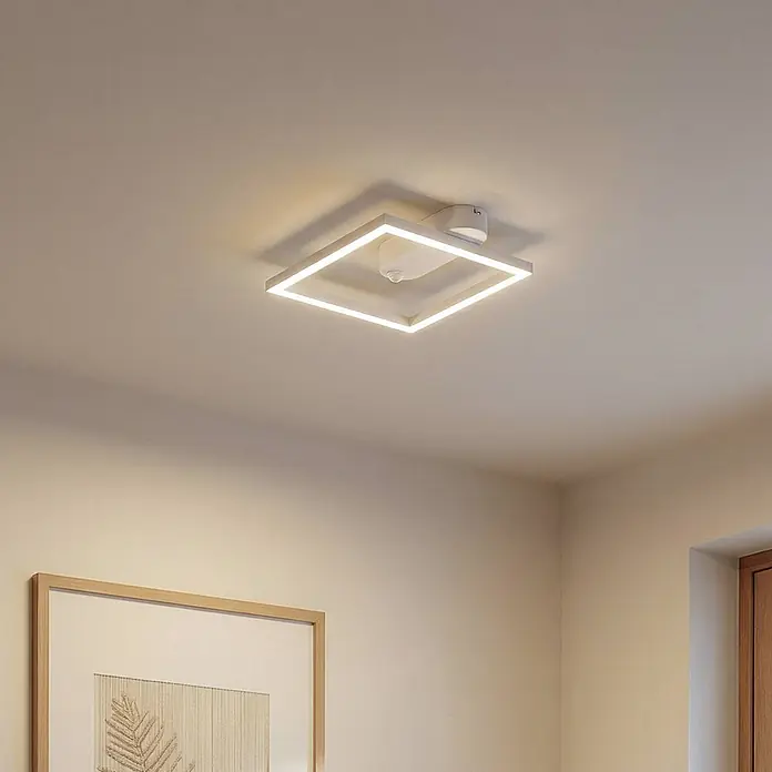 Lindby LED Deckenlampe in weiß, Deckenleuchte -  - Weiße quadratische LED-Deckenleuchte mit integriertem Sensor, an heller Decke montiert.