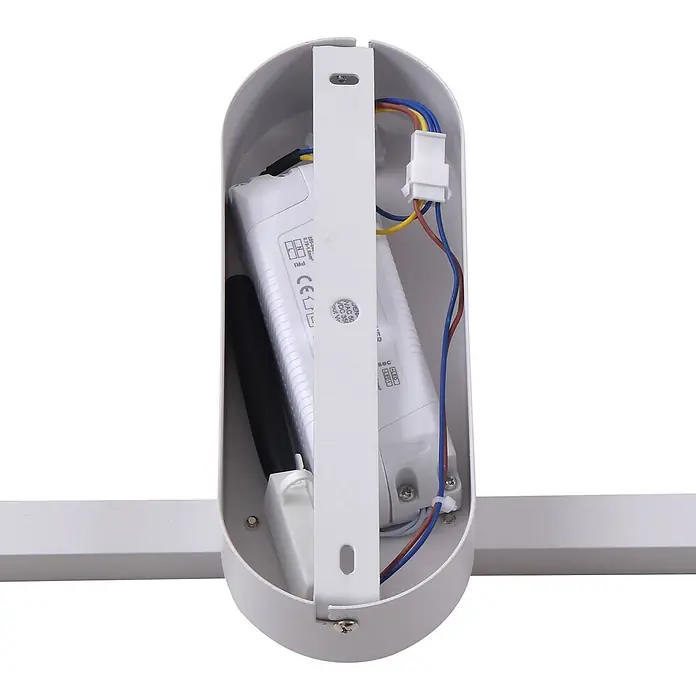 Lindby LED Deckenlampe in weiß, Deckenleuchte -  - Innenansicht eines weißen ovalen Stromschienengehäuses mit zwei weißen elektrischen Treibern und farbigen Kabeln.