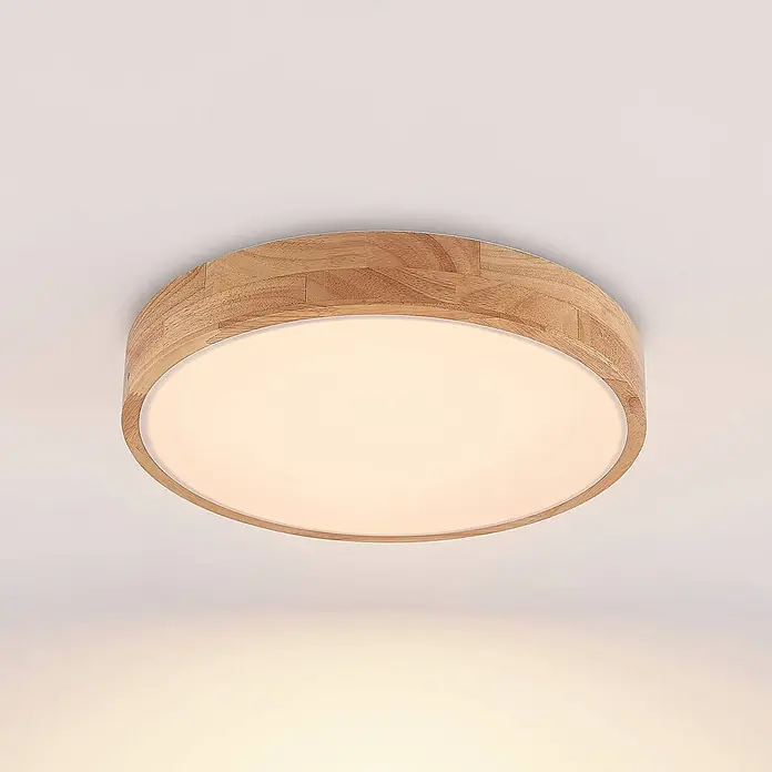 Lindby LED Deckenlampe in holz, weiß, dimmbar Deckenleuchte rund -  - Runde Deckenleuchte aus Holz mit weißer, beleuchteter Abdeckung.