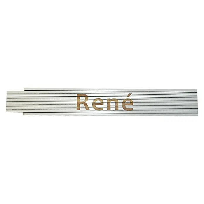 Zollstock - Aufdruck: René, 2 m - Das Bild zeigt eine Namensleiste mit dem Namen "René", ideal für die Kennzeichnung. Die silberfarbene Leiste ist schlicht und elegant gestaltet.