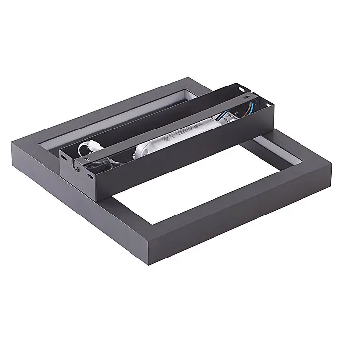Lucande LED Deckenlampe dimmbar 30 cm, RGB Backlight, Fernbedienung -  - Dunkelgraue rechteckige Leuchte, die den internen LED-Treiber und die Verkabelung im Metallrahmen zeigt.