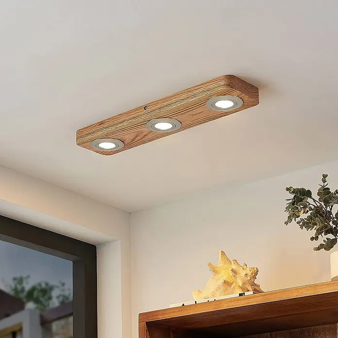 Lindby LED Deckenlampe in holz, nickel satiniert, Deckenleuchte -  - Rechteckige Deckenleuchte aus Holz mit drei bündig montierten silbernen Strahlern.