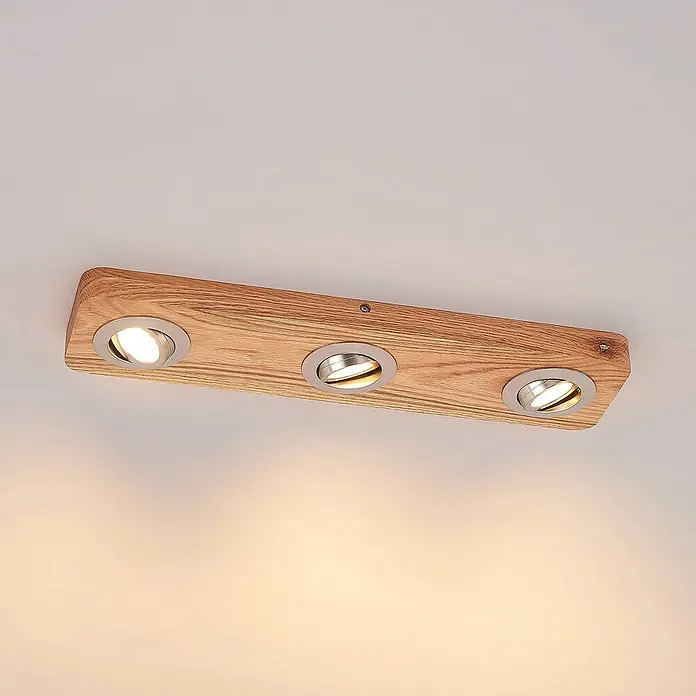 Lindby LED Deckenlampe in holz, nickel satiniert, Deckenleuchte -  - Holzdeckenleuchte mit drei verstellbaren Strahlern und Metallblenden, die warmes Licht abgeben.