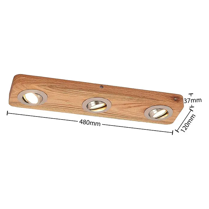 Lindby LED Deckenlampe in holz, nickel satiniert, Deckenleuchte -  - Eichenholz-Deckenleuchte mit drei verstellbaren, gebürsteten Metallstrahlern. Länge 480mm, Tiefe 120mm, Höhe 37mm.