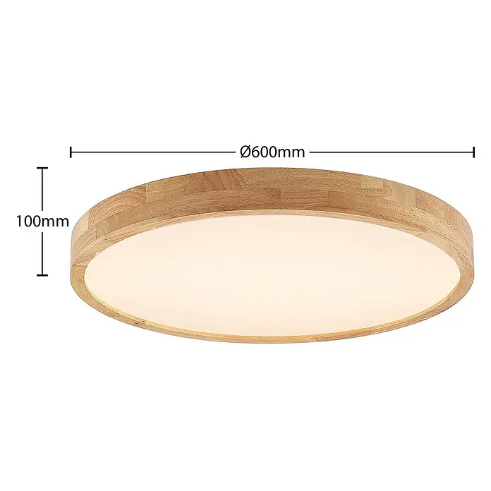 Lindby LED Deckenlampe in holz, weiß, dimmbar Deckenleuchte rund -  - Runde, flache Deckenleuchte mit hellem Holzrahmen und weißem Diffusor.