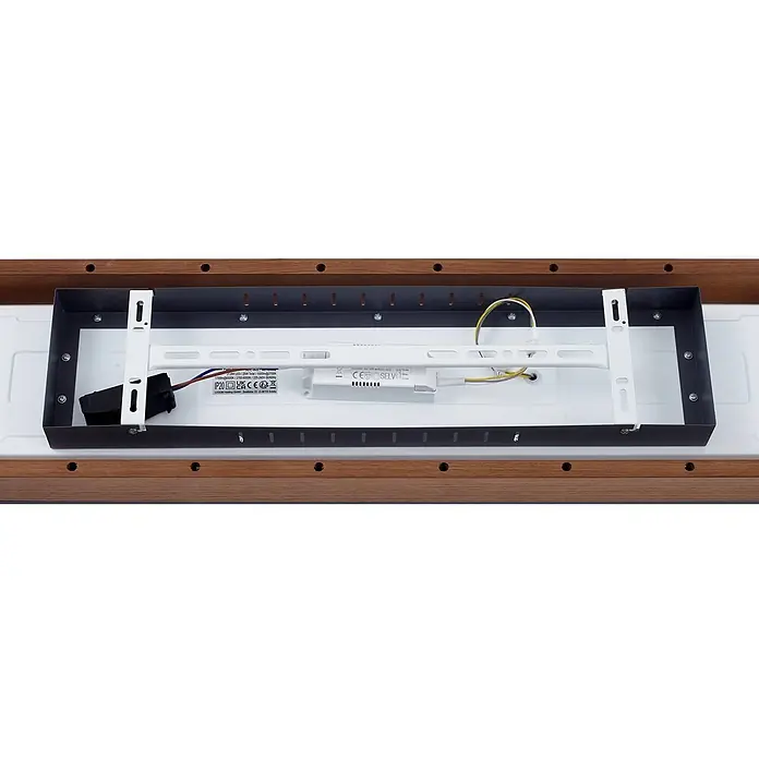 Lindby LED Deckenlampe in graphit, holz, Deckenleuchte -  - Rückansicht einer rechteckigen LED-Leuchte mit Holzrahmen, zeigt interne Treiber, Verkabelung und Montagehalterungen.