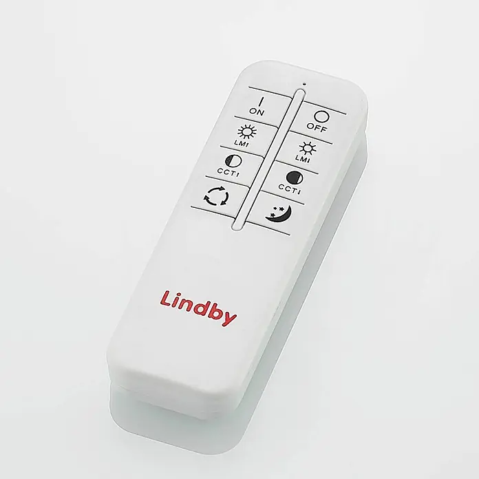 Lindby LED Deckenlampe in holz, weiß, dimmbar Deckenleuchte rund -  - Weiße Lindby Fernbedienung für Licht, mit Tasten für An/Aus, Helligkeit, Farbtemperatur und Nachtmodus. Roter Schriftzug.