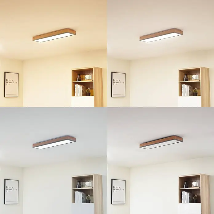 Lindby LED Deckenlampe in graphit, holz, Deckenleuchte -  - Rechteckige Deckenleuchte mit Holzrahmen in einem Raum, die warme, neutrale und kühle Lichttemperaturen zeigt.