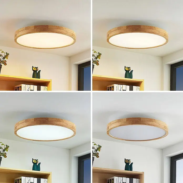 Lindby LED Deckenlampe in holz, weiß, dimmbar Deckenleuchte rund -  - Runde LED-Deckenleuchte aus Holz mit weißem Diffusor, zeigt verschiedene Lichtfarb-Temperaturen.