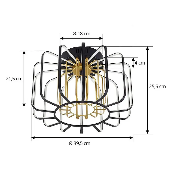 Lucande Deckenleuchte Birger - schwarz - Eine schwarz-goldene geometrische Deckenleuchte mit Käfigdesign, Höhe 25,5 cm und Durchmesser 39,5 cm.