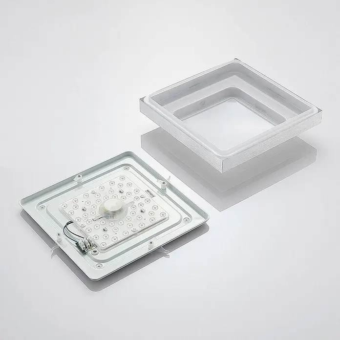 Lindby LED Deckenlampe modern, LED Deckenleuchte Wohnzimmer, Küchenlampe -  - Zerlegte quadratische LED-Deckenleuchte, zeigt weißes Gehäuse und interne LED-Platine mit Verkabelung.