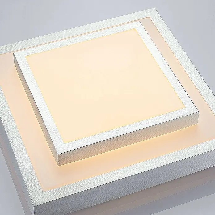 Lindby LED Deckenlampe modern, LED Deckenleuchte Wohnzimmer, Küchenlampe -  - Quadratische geschichtete LED-Deckenleuchte mit gebürstetem silberfarbenem Metallrahmen und warmweißem diffusem Licht.
