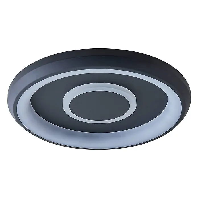 Lindby Deckenleuchte Lynden - schwarz - Runde dunkelgraue LED-Deckenleuchte mit zwei konzentrischen weiß beleuchteten Ringen.