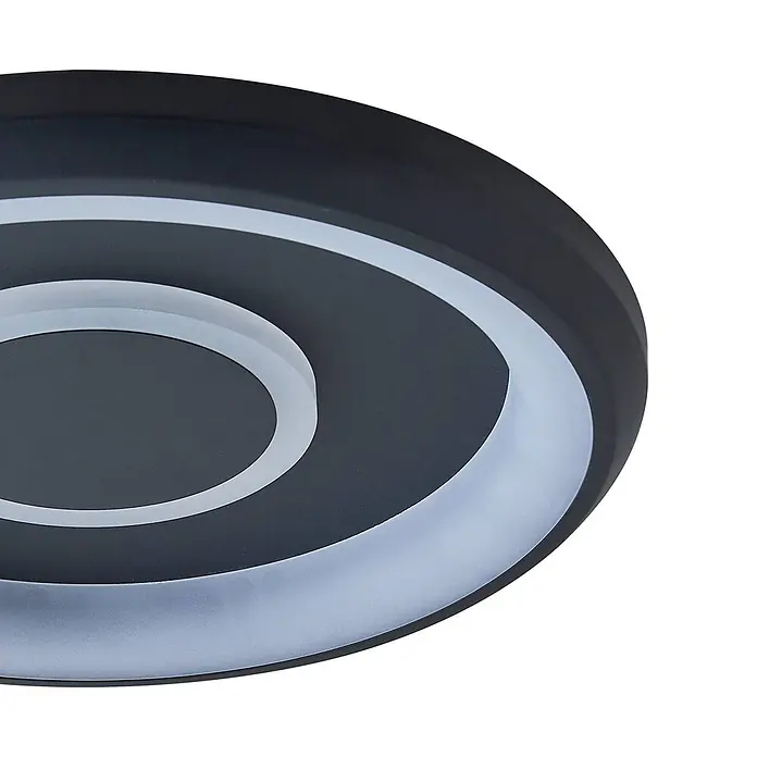 Lindby Deckenleuchte Lynden - schwarz - Schwarze, runde LED-Deckenleuchte mit zwei konzentrischen, gefrosteten Lichtringen.