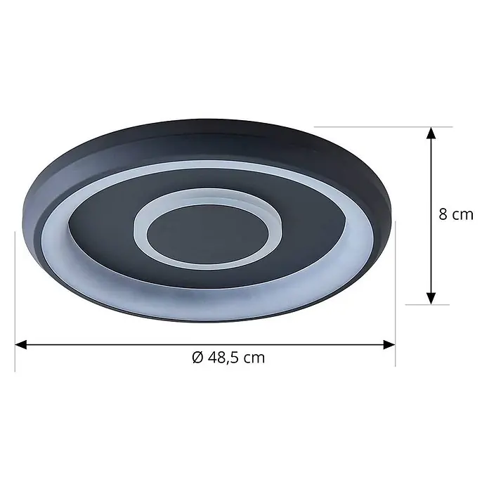 Lindby Deckenleuchte Lynden - schwarz - Dunkelgraue runde LED-Deckenleuchte mit weißen Ringen, Ø 48,5 cm, 8 cm hoch.