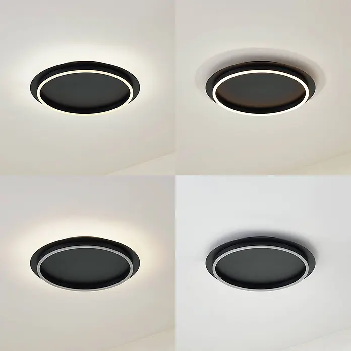 Lindby LED Deckenlampe in schwarz, Deckenleuchte rund -  - Schwarze runde LED-Deckenleuchte mit weißem Innenring, an/aus und mit verschiedenen Lichttemperaturen.