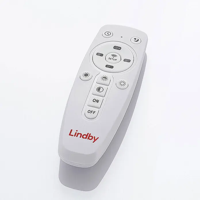 Lindby LED-Panel Stenley - weiß / opal - Weiße Lindby Kunststoff-Fernbedienung mit Tasten für Lichtsteuerung, Dimmen, EIN/AUS und Setup.