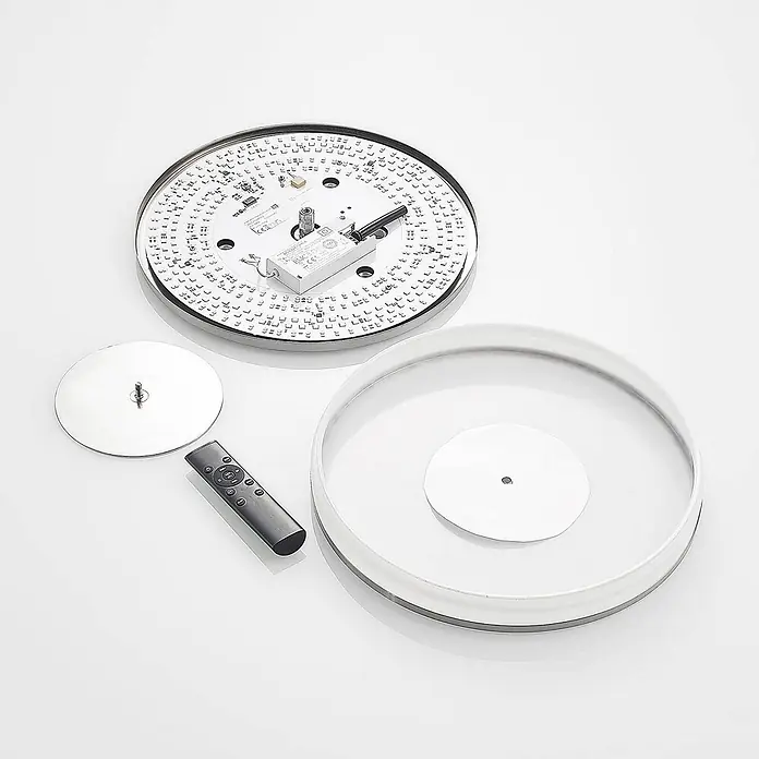 Lindby LED Deckenlampe in nickel, weiß, dimmbar Deckenleuchte rund -  - Demontierte runde LED-Deckenleuchte mit LED-Array, Treiber, Fernbedienung und Montageplatte.