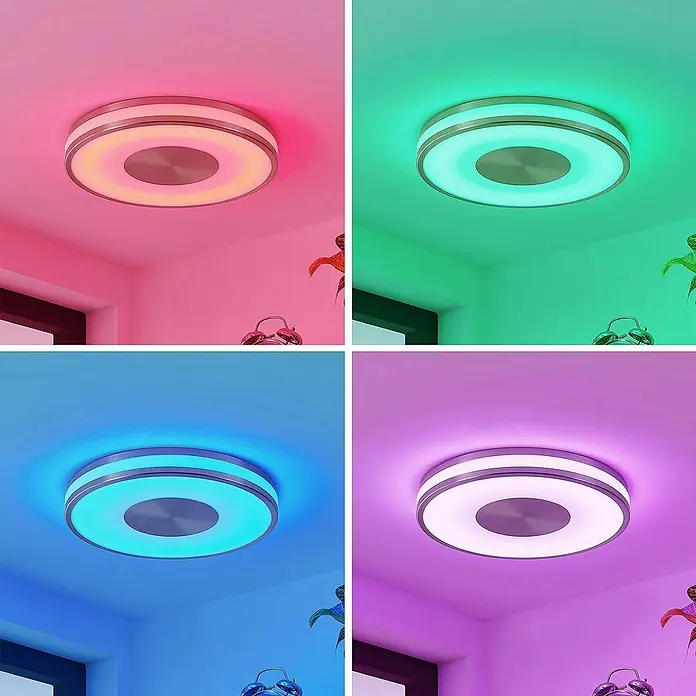 Lindby LED Deckenlampe in nickel, weiß, dimmbar Deckenleuchte rund -  - Runde RGB LED-Deckenleuchte mit gebürstetem Metallzentrum und zwei beleuchteten Ringen, zeigt verschiedene Farben.