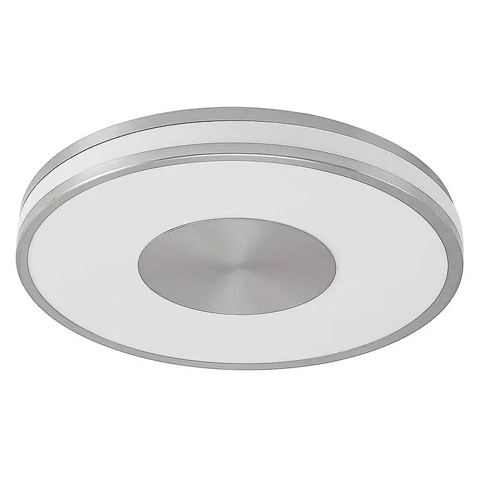 Lindby LED Deckenlampe in nickel, weiß, dimmbar Deckenleuchte rund -  - Runde Deckenleuchte mit gebürstetem Metallrahmen und weißem Diffusor.