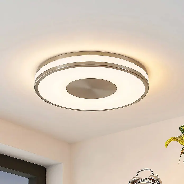 Lindby LED Deckenlampe in nickel, weiß, dimmbar Deckenleuchte rund -  - Runde LED-Deckenleuchte aus mattem Nickel für warmes, diffuses Licht.