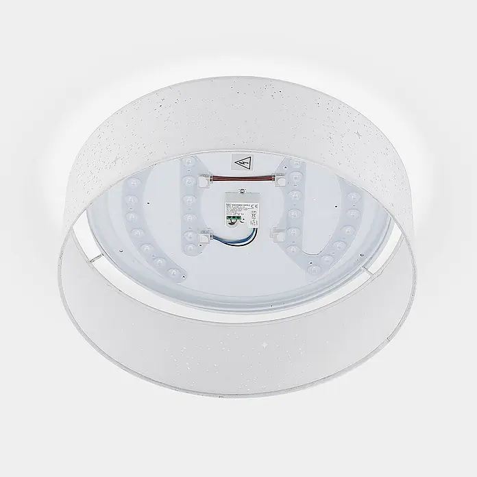 Lindby LED Deckenlampe in weiß, Deckenleuchte rund -  - Runde Deckenleuchte mit LED-Platine und Treiber, umhüllt von einem weißen, gesprenkelten Schirm.