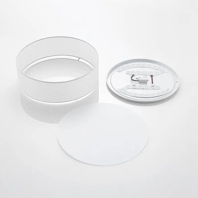 Lindby LED Deckenlampe in weiß, Deckenleuchte rund -  - Zerlegte Deckenleuchte: transparenter Sternenschirm, weißer Diffusor und LED-Basis mit Treiber.