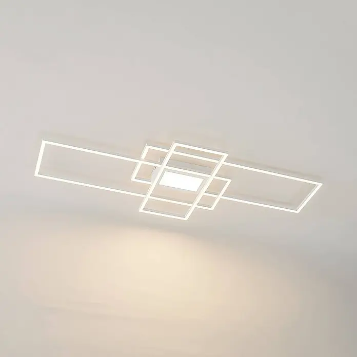 Lindby LED Deckenlampe in weiß matt, dimmbar Deckenleuchte -  - Weiße geometrische LED-Deckenleuchte mit überlappenden rechteckigen Rahmen.