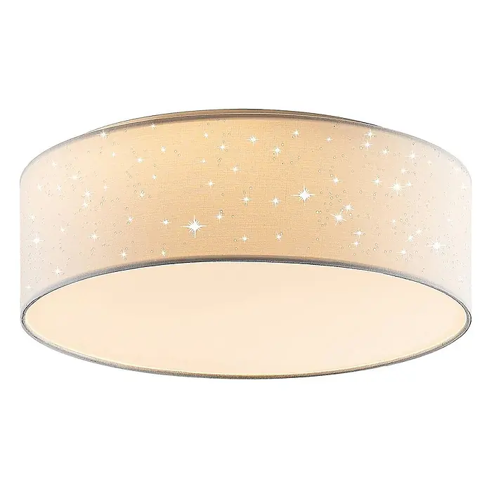 Lindby LED Deckenlampe in weiß, Deckenleuchte rund -  - Runde Deckenleuchte mit beigem Stoffschirm, verziert mit weißen Sternen und Punkten, und einem warm leuchtenden Diffusor.
