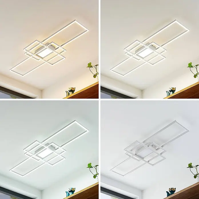 Lindby LED Deckenlampe in weiß matt, dimmbar Deckenleuchte -  - Moderne weiße LED-Deckenleuchte mit geometrischem Design, das einstellbare Lichtfarbtemperaturen zeigt.