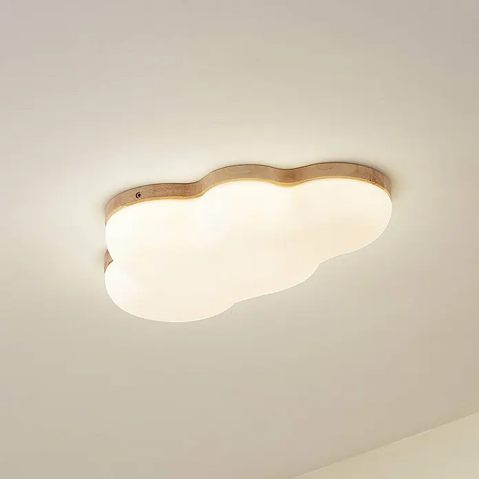 Lindby LED Deckenlampe in weiß, holz, Deckenleuchte rund -  - Wolkenförmige Deckenleuchte mit Rahmen aus Naturholz und einem weiß leuchtenden Diffusor.